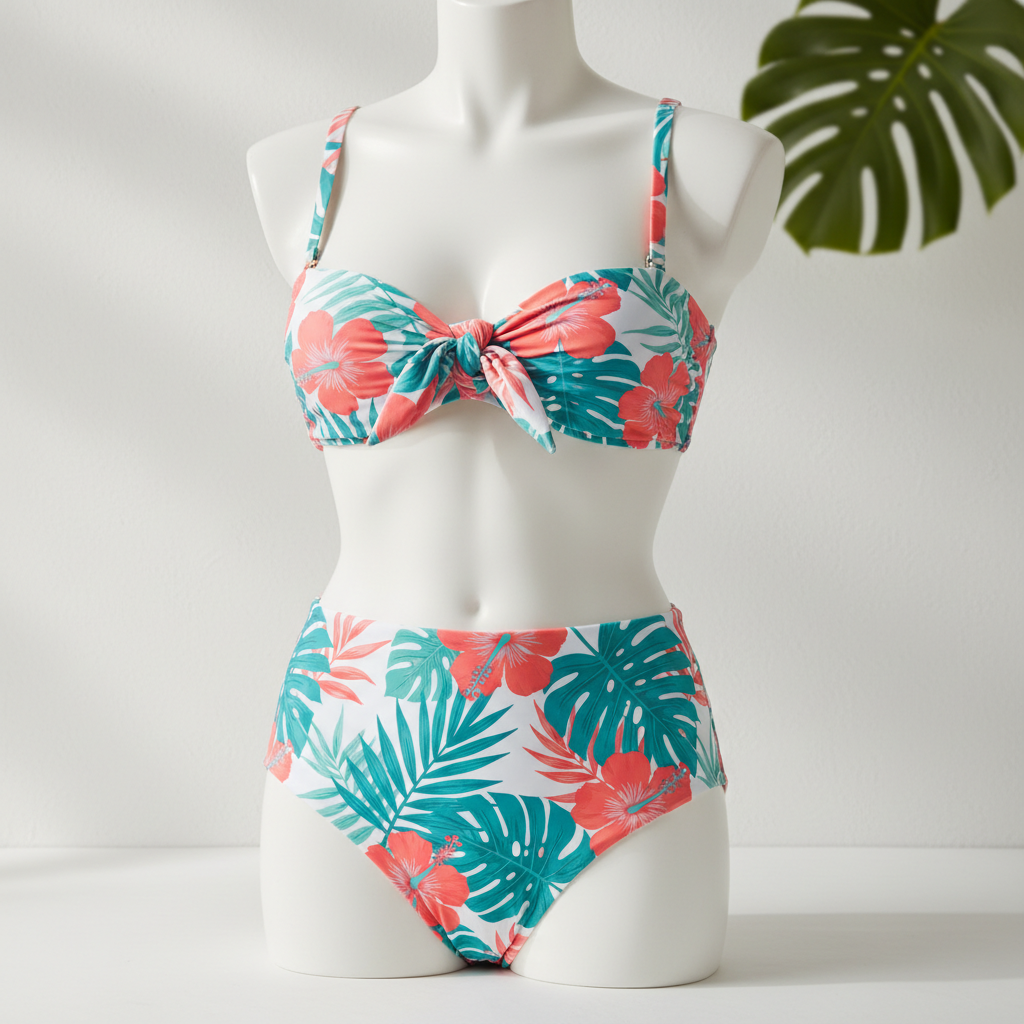 Tropical High-Waist Bikini Set in coral, teal and white