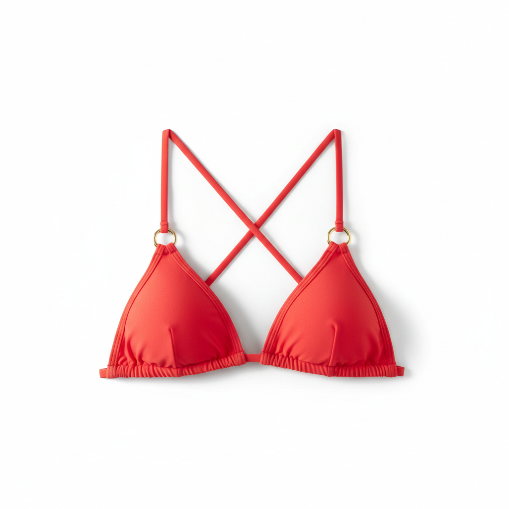 Coral red strappy triangle bikini top with gold ring hardware