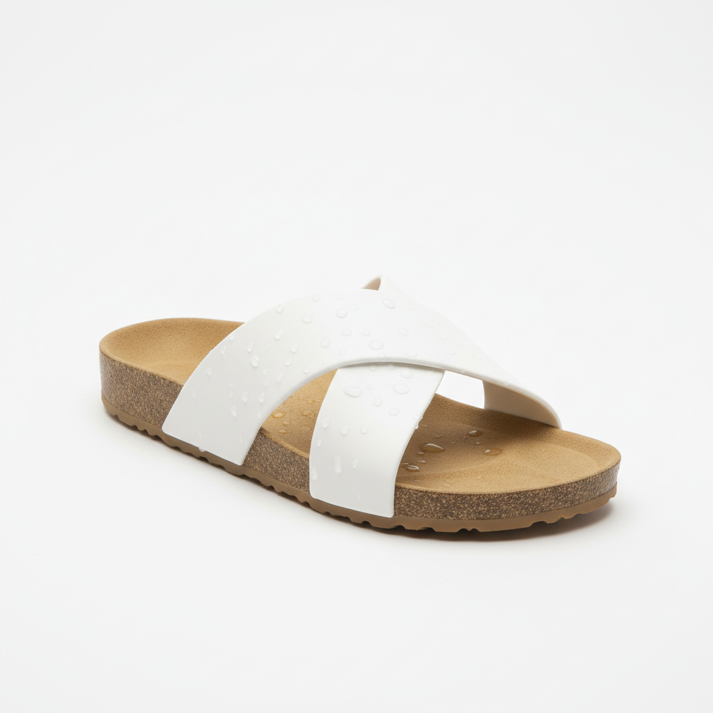 Tan cork beach sandals with white waterproof straps