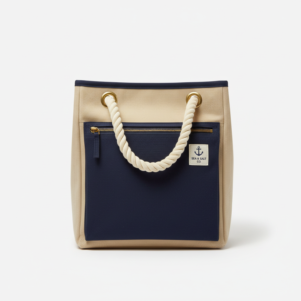 Structured canvas clog beach bag in sandy beige with navy accents and rope handles