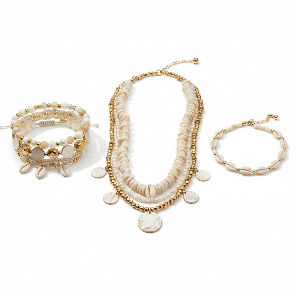 Boho beach jewelry set with shell necklace, anklet, and gold beaded bracelet
