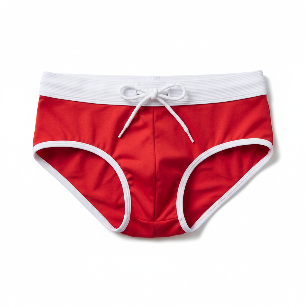 Men's bold red swim briefs with white waistband