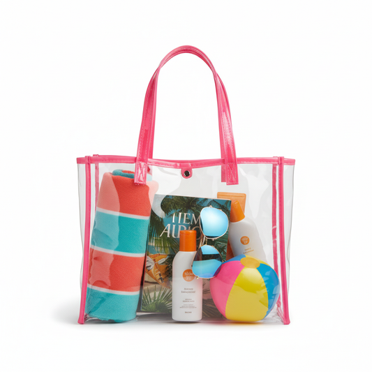 Clear transparent PVC beach tote bag with neon pink trim and handles