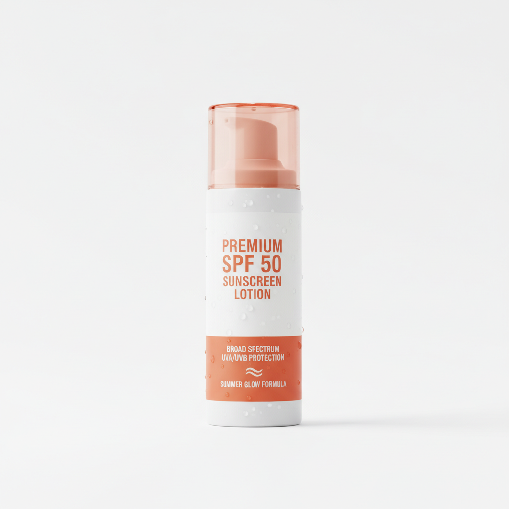SPF 50 reef-safe sunscreen lotion bottle in white and coral