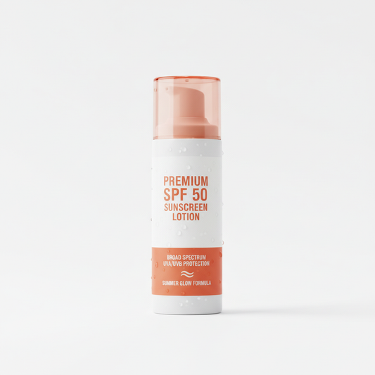 SPF 50 reef-safe sunscreen lotion bottle in white and coral