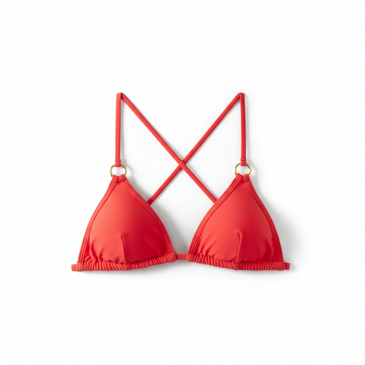 Coral red strappy triangle bikini top with gold ring hardware