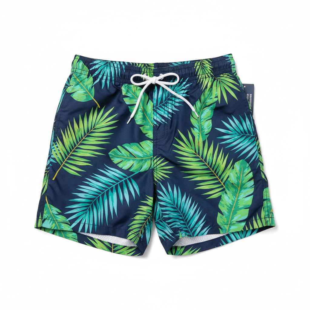 Men's navy blue tropical palm leaf print swim trunks