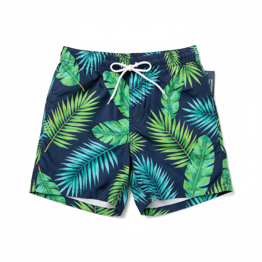 Men's navy blue tropical palm leaf print swim trunks