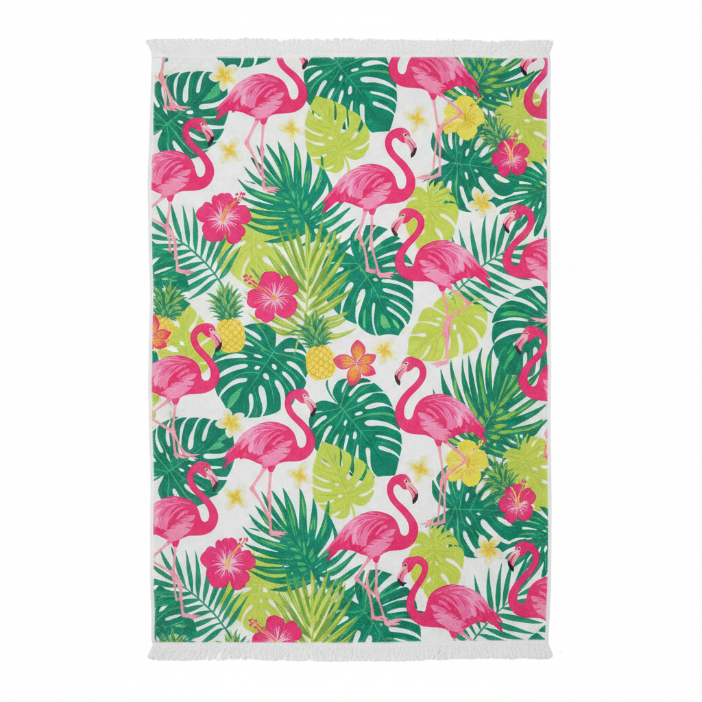 Colorful flamingo print beach towel in pink, green and yellow