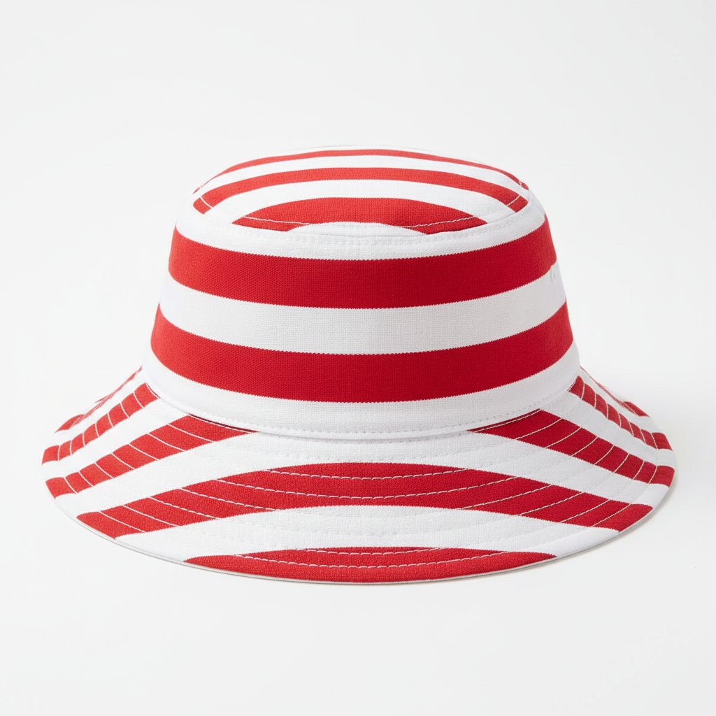 Red and white striped bucket hat with wide brim
