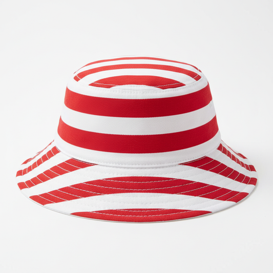 Red and white striped bucket hat with wide brim