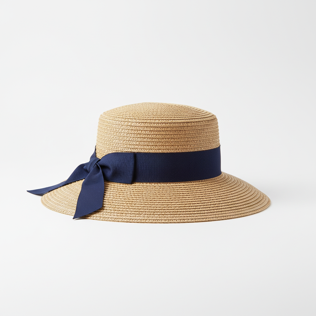 Wide-brim natural straw beach hat with navy ribbon band