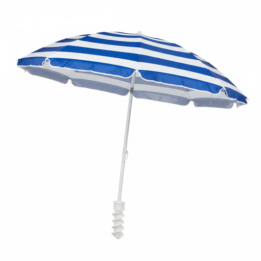 Blue and white striped portable beach umbrella with sand anchor base