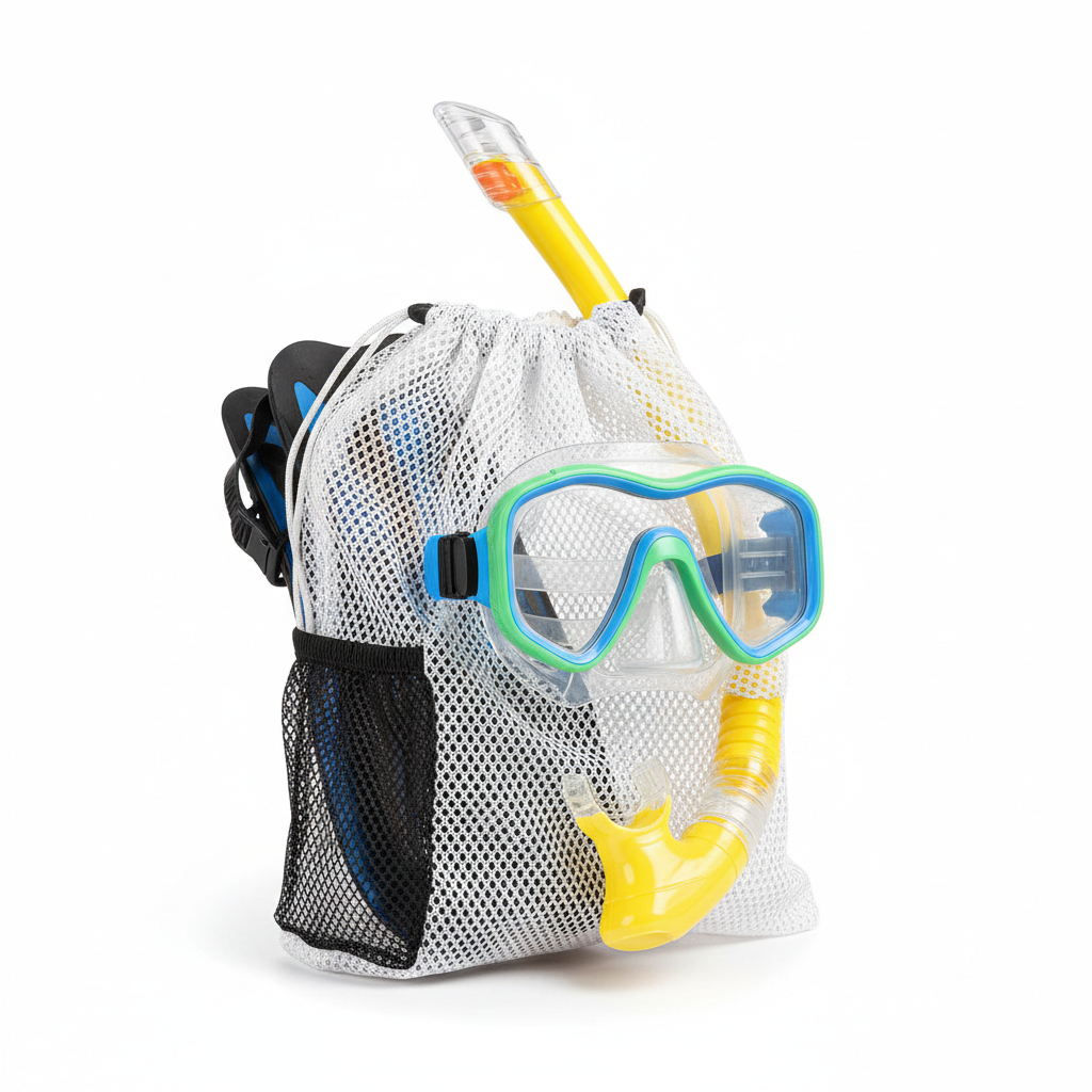 Blue snorkel mask and yellow snorkel tube with mesh carry bag