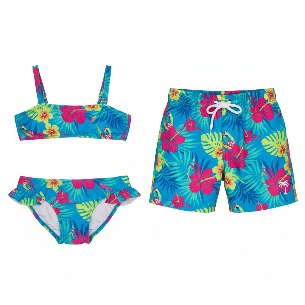 Kids matching tropical print swimwear set for girls and boys