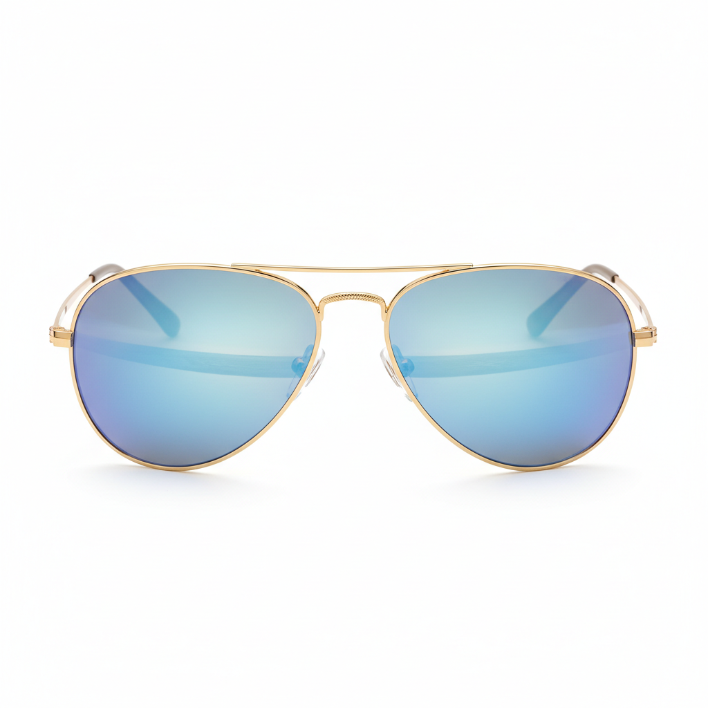 Gold aviator sunglasses with mirrored blue lenses