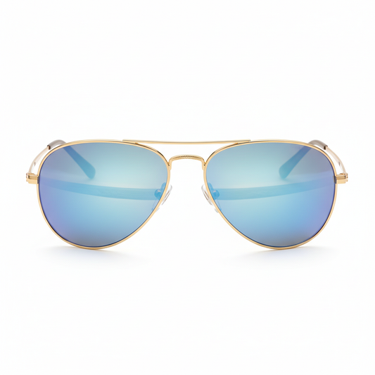 Gold aviator sunglasses with mirrored blue lenses