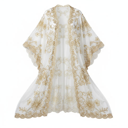 Sheer white beach kimono wrap with gold embroidered floral pattern