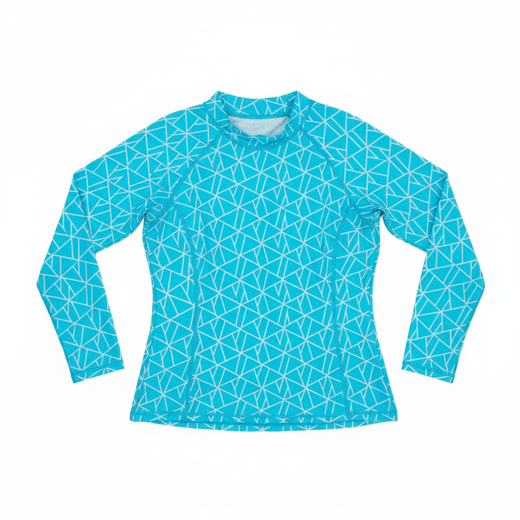 Turquoise long sleeve rash guard with white geometric pattern